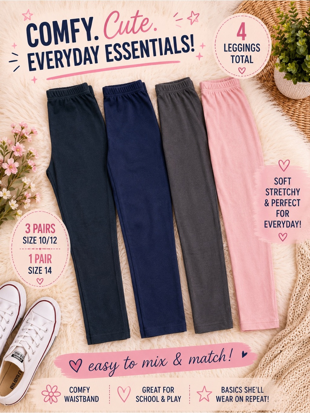 Kids Everyday Leggings 4-Pack - Pink, Gray, Navy, Black